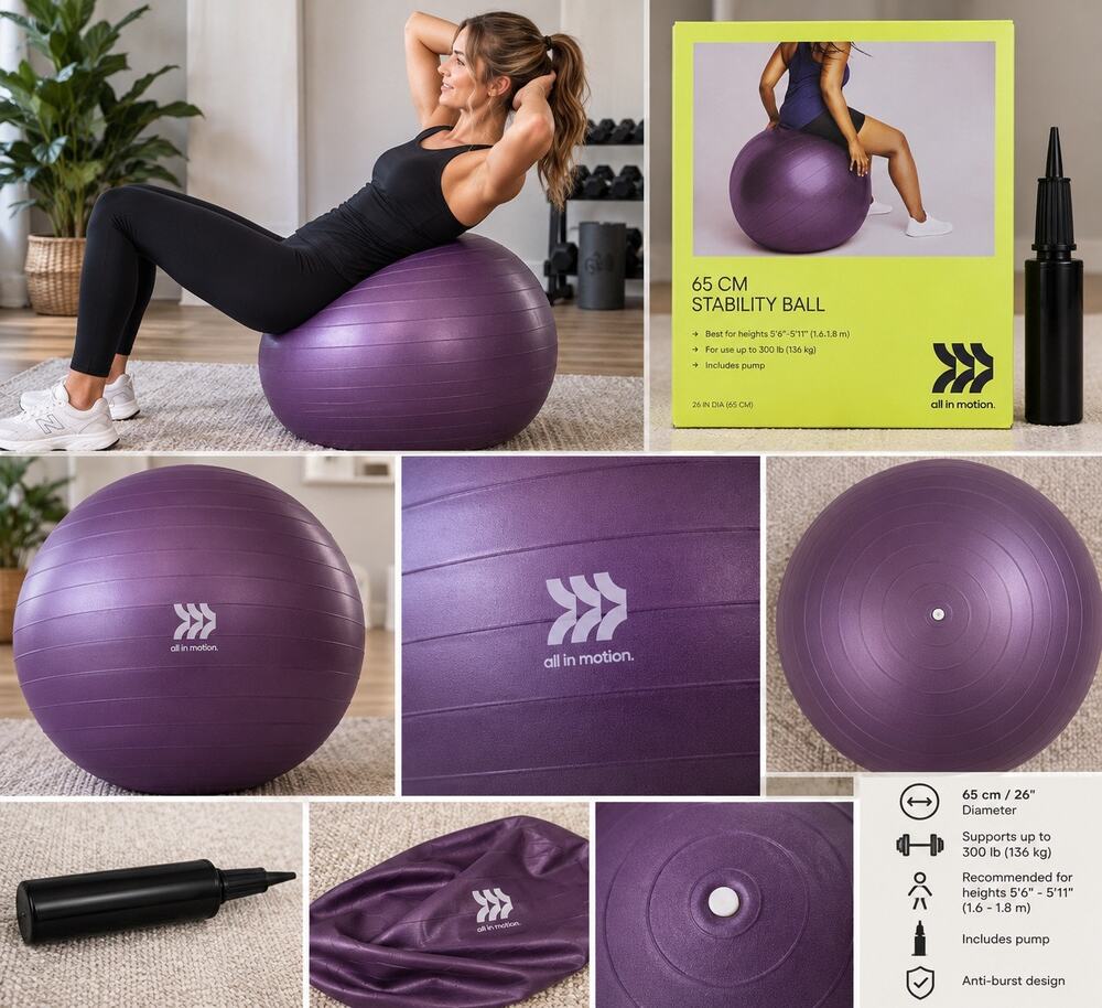 All in Motion 65cm Stability Ball Purple 26” Anti-Burst Exercise with Pump